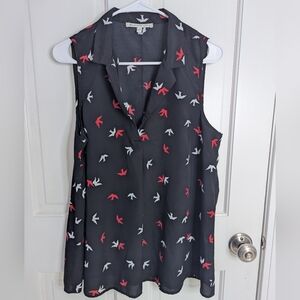 Black Sleeveless Collared Top with Red And White Bird Print Size Large